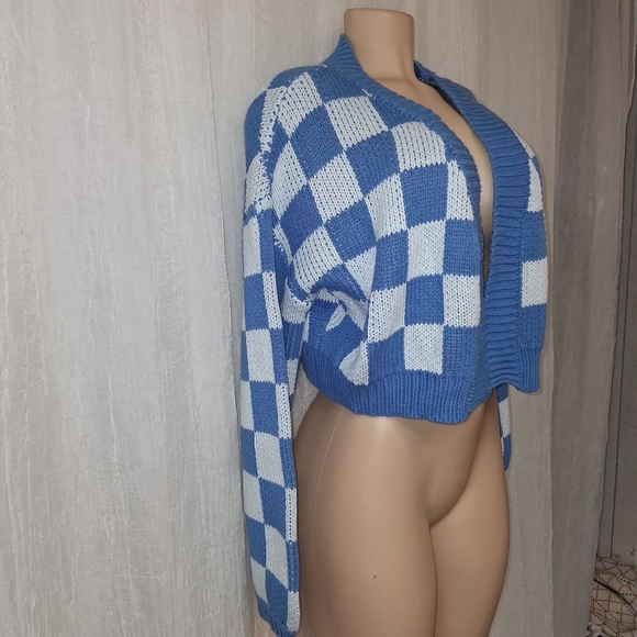 Blue Blush Blue and White Checkered Cardigan Women Size L - Picture 4 of 16